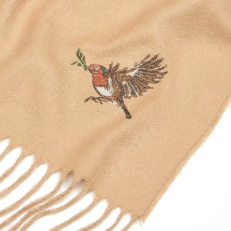 Robin Embroidered Cozy Camel Scarf