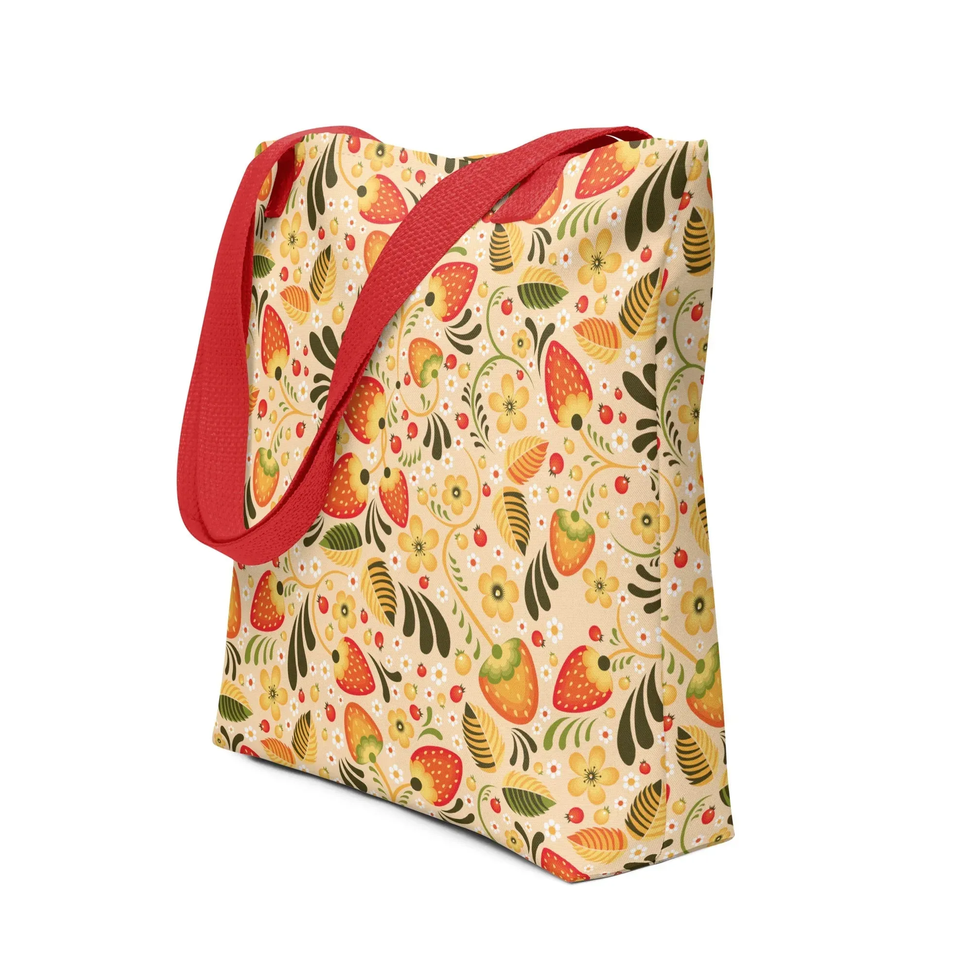 Russian Beige Khokhloma Strawberry Tote Bag