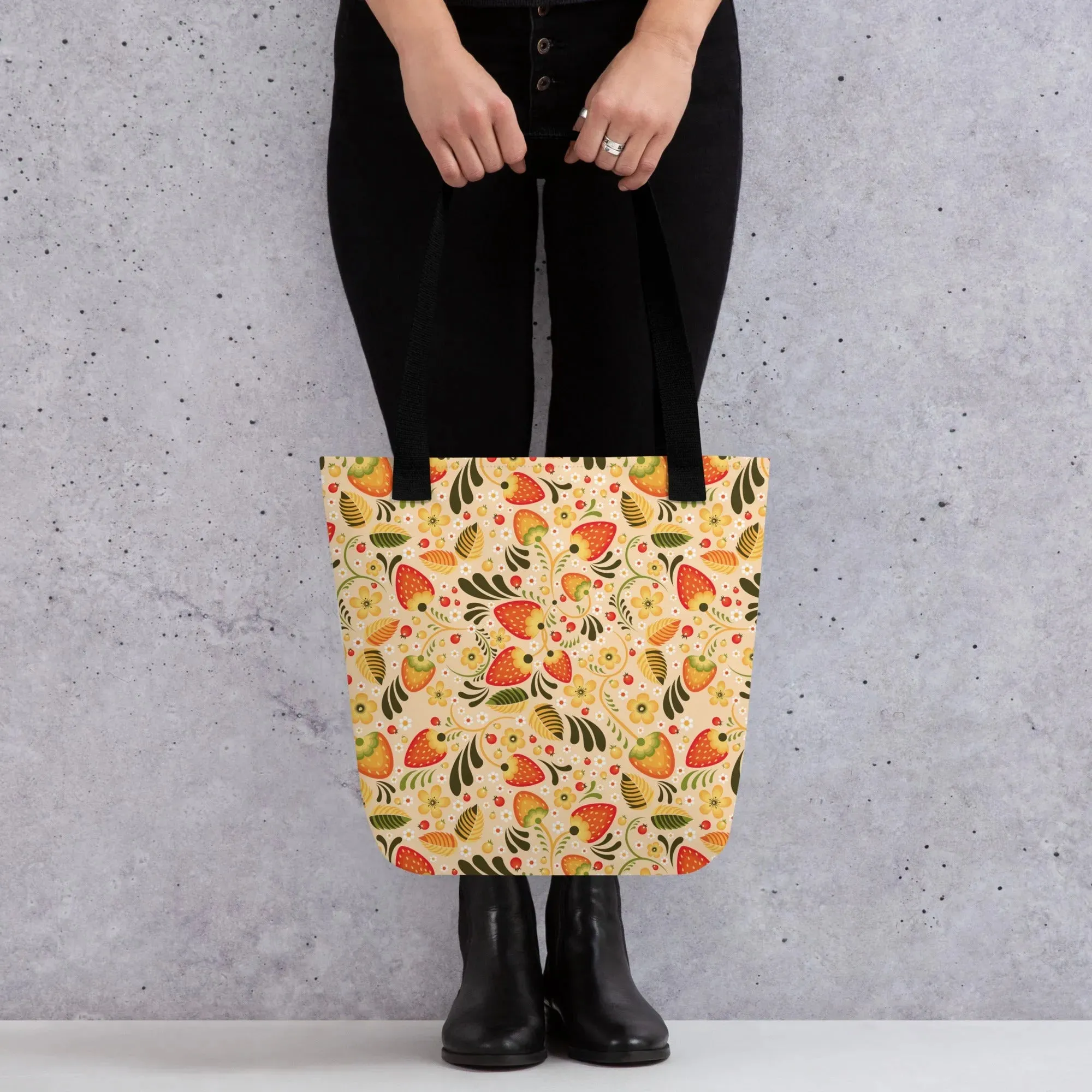 Russian Beige Khokhloma Strawberry Tote Bag