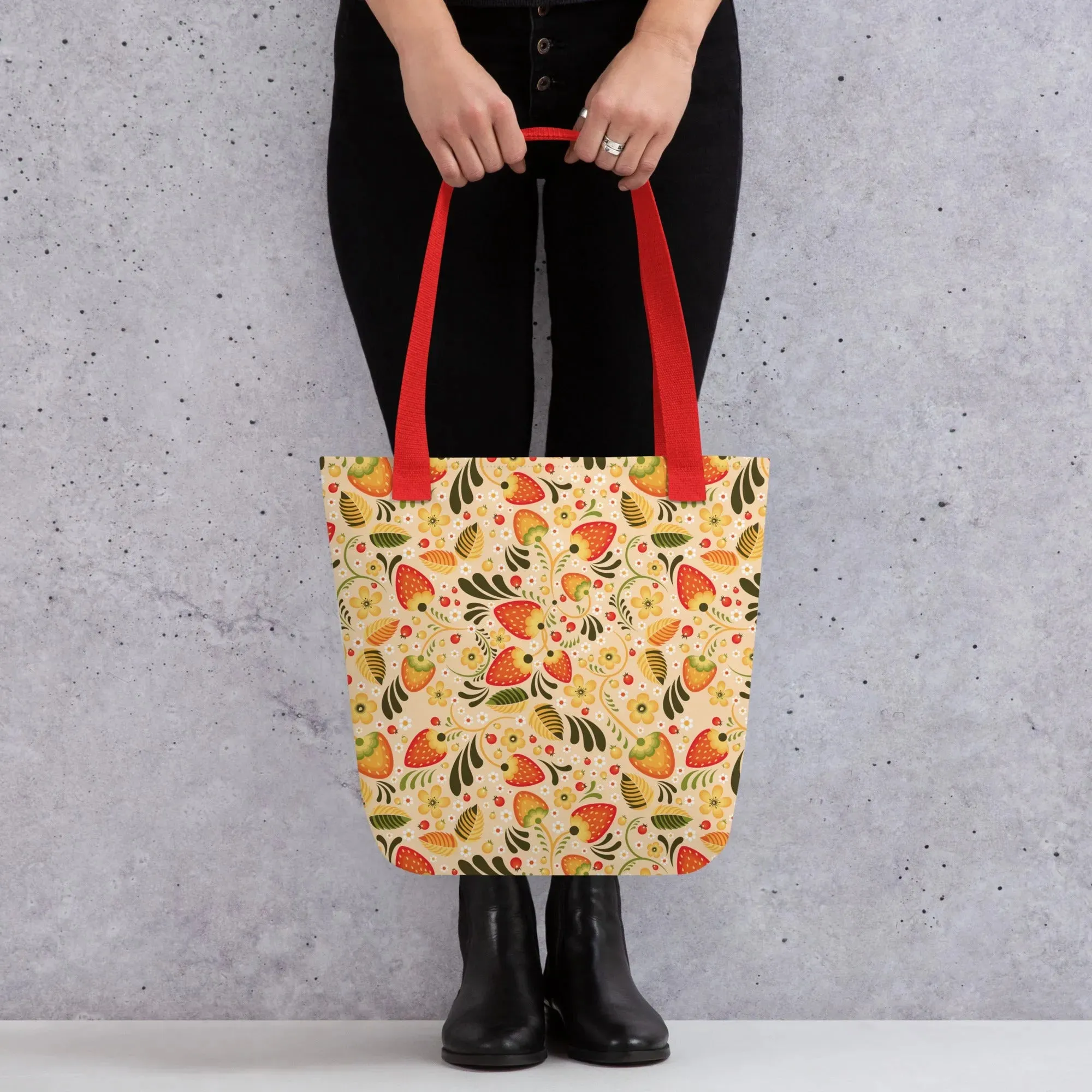 Russian Beige Khokhloma Strawberry Tote Bag