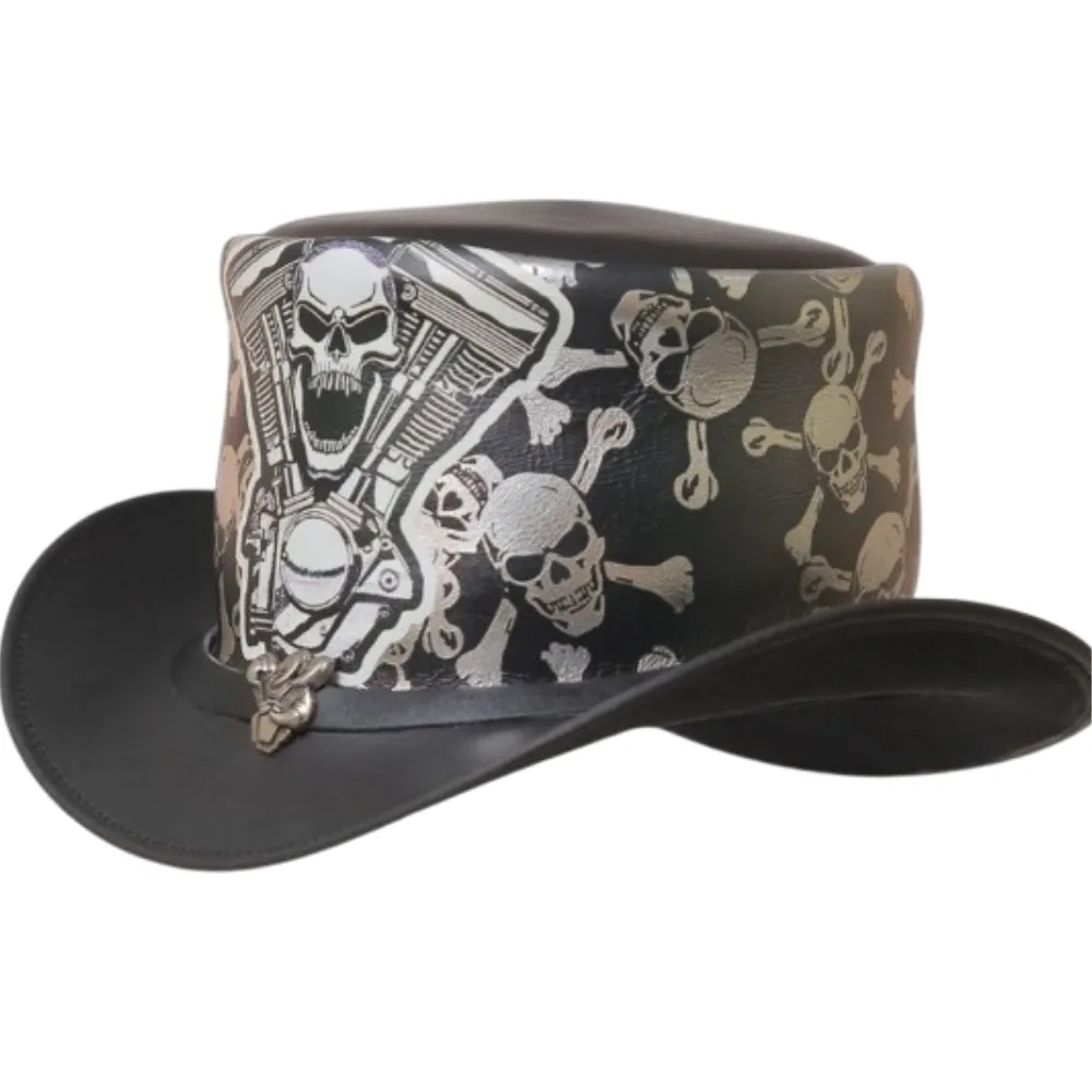 Skull Biker Leather Top Hat