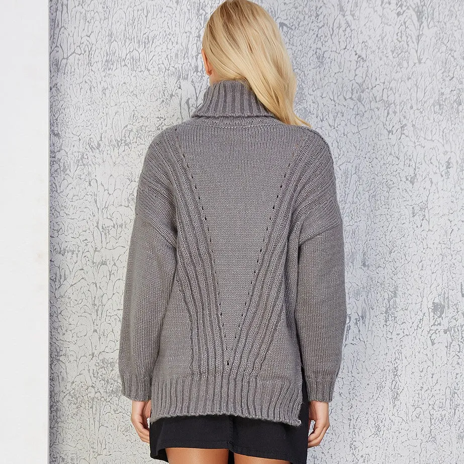 Split High Neck Collar Long Sleeve Sweaters