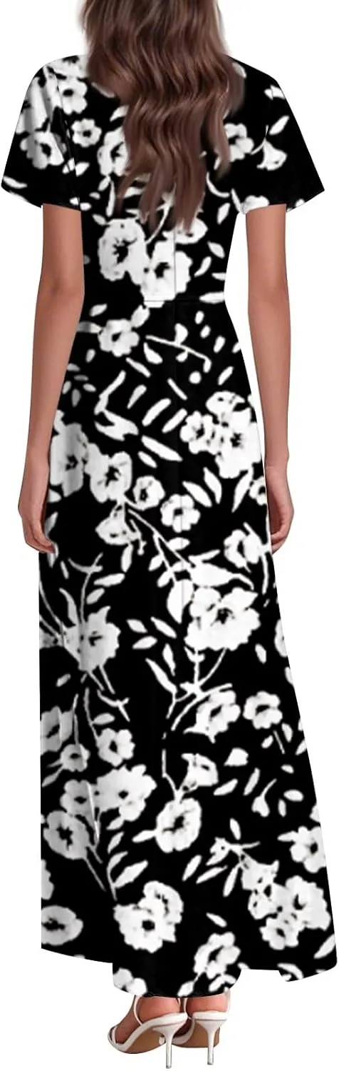 Summer Maxi Dresses for Women 2025 Floral V Neck Long Sundresses for Beach Vacation Casual Flowy Elegant Dress