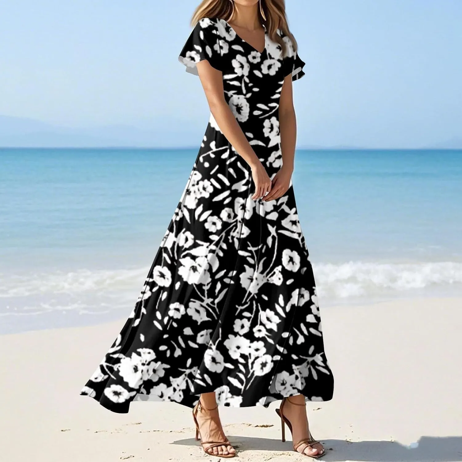 Summer Maxi Dresses for Women 2025 Floral V Neck Long Sundresses for Beach Vacation Casual Flowy Elegant Dress