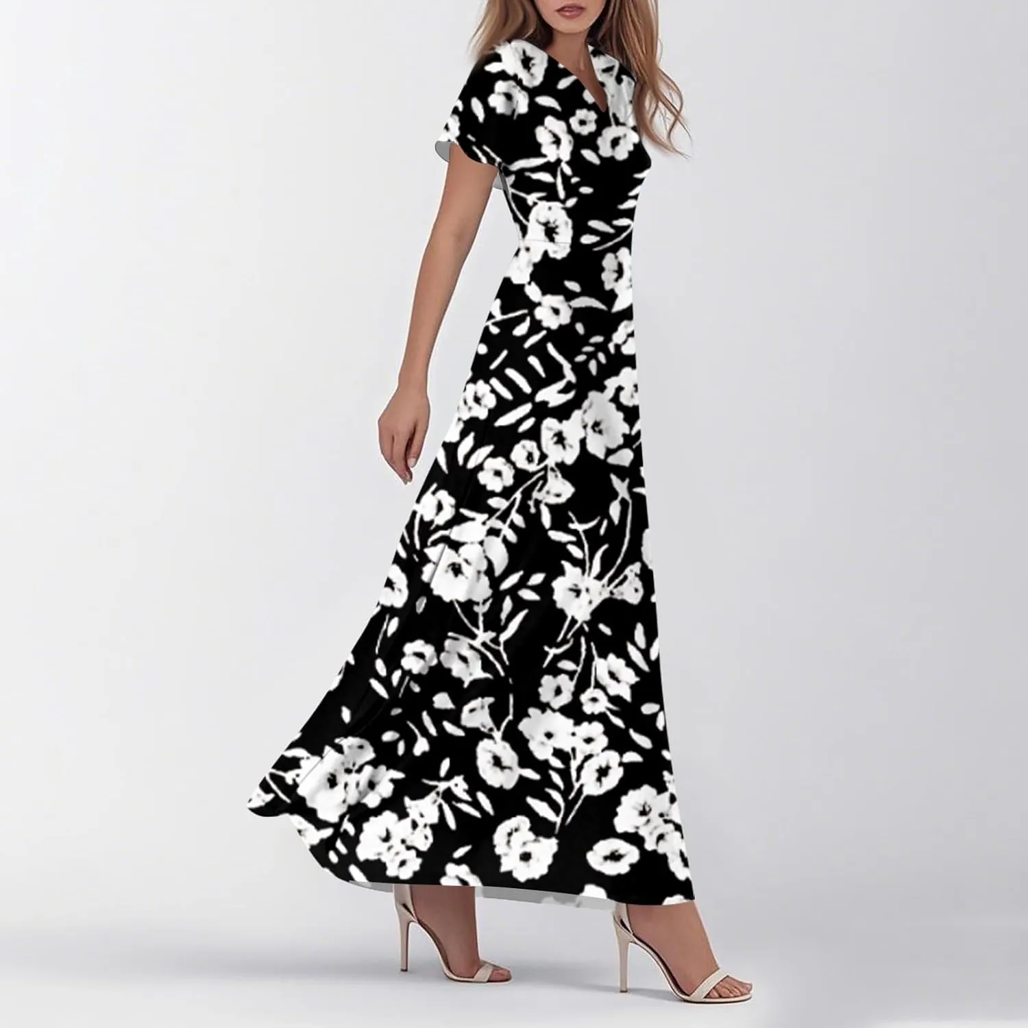 Summer Maxi Dresses for Women 2025 Floral V Neck Long Sundresses for Beach Vacation Casual Flowy Elegant Dress