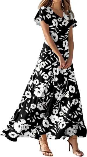 Summer Maxi Dresses for Women 2025 Floral V Neck Long Sundresses for Beach Vacation Casual Flowy Elegant Dress