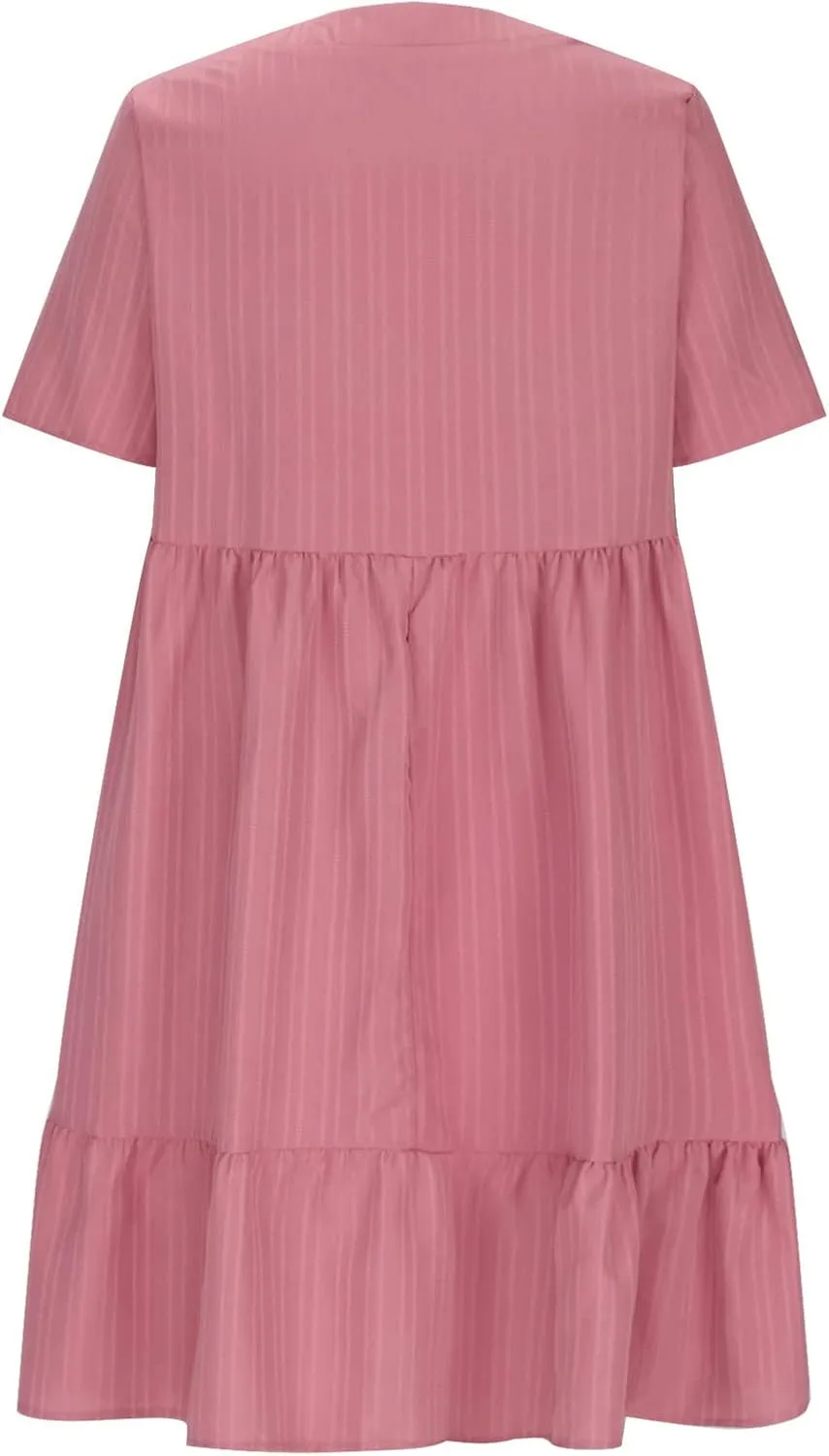 Wkishenl Summer Dresses for Women 2025 Vacation Trendy Short Sleeve V Neck Mini T Shirt Dress Pleated Ruffle Beach Sundresses