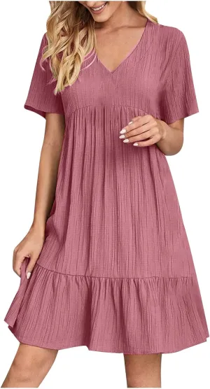 Wkishenl Summer Dresses for Women 2025 Vacation Trendy Short Sleeve V Neck Mini T Shirt Dress Pleated Ruffle Beach Sundresses