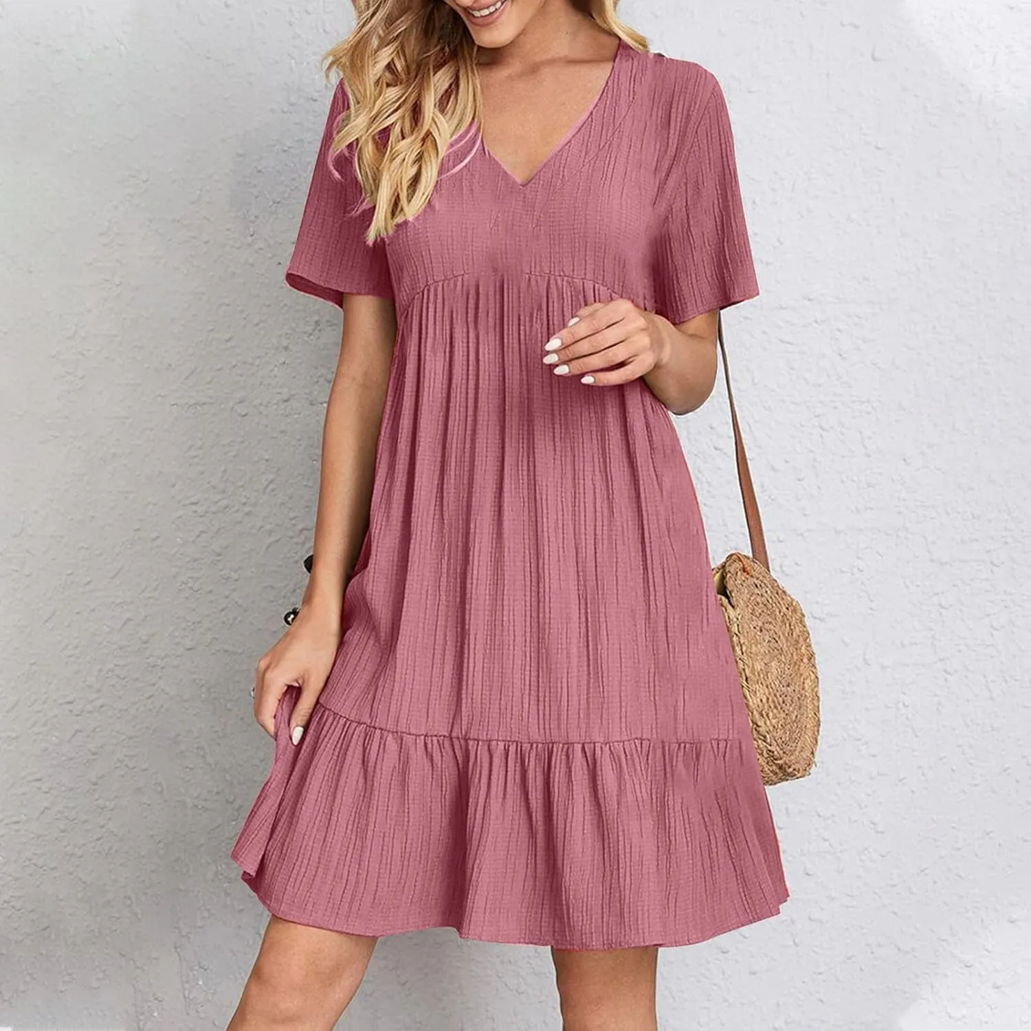 Wkishenl Summer Dresses for Women 2025 Vacation Trendy Short Sleeve V Neck Mini T Shirt Dress Pleated Ruffle Beach Sundresses