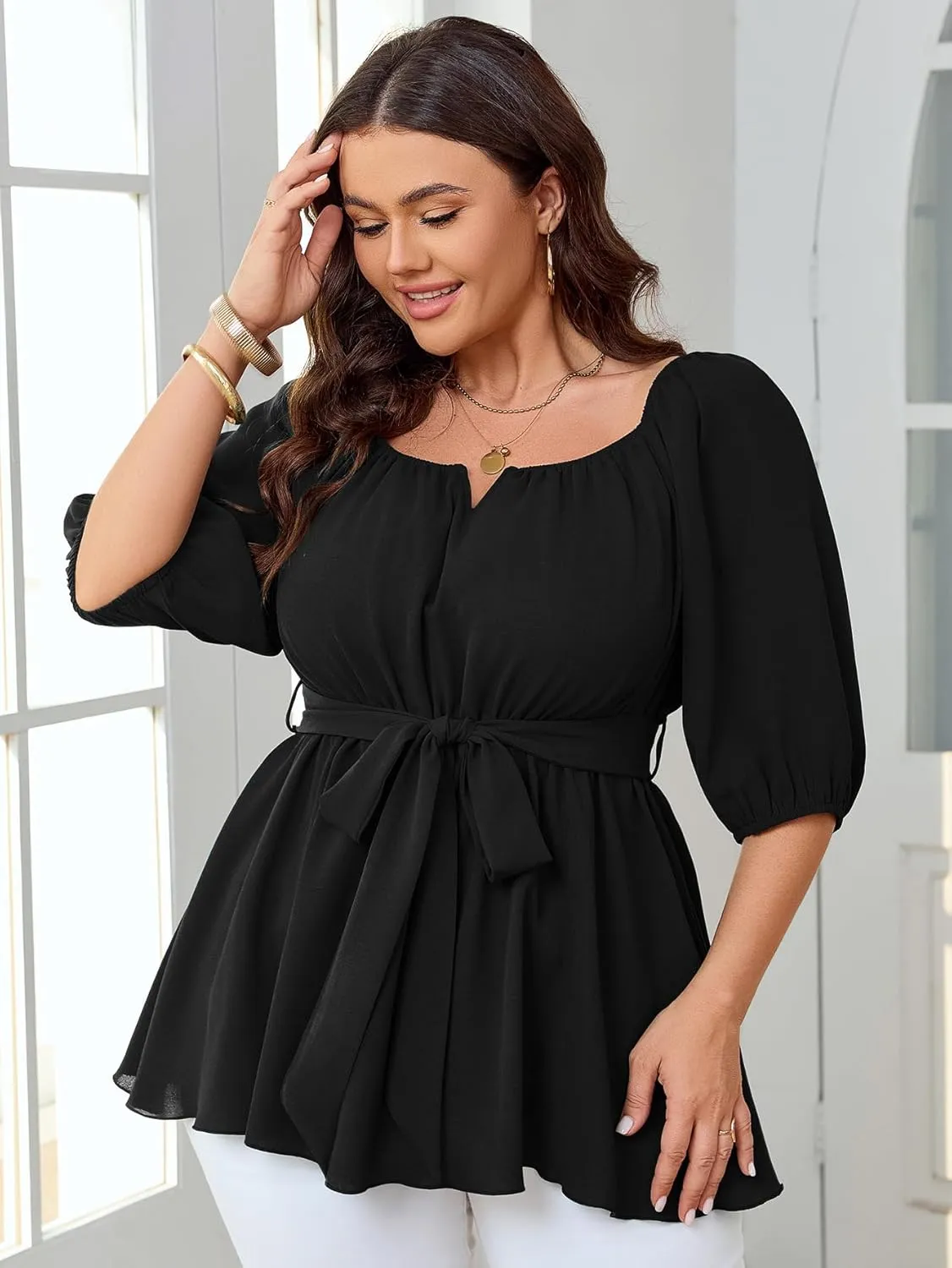 Women's Plus Size Square Neck Peplum Blouses Dressy Tops 3/4 Puff Sleeve Empire Waist Tie Ruffle Hem Babydoll Top