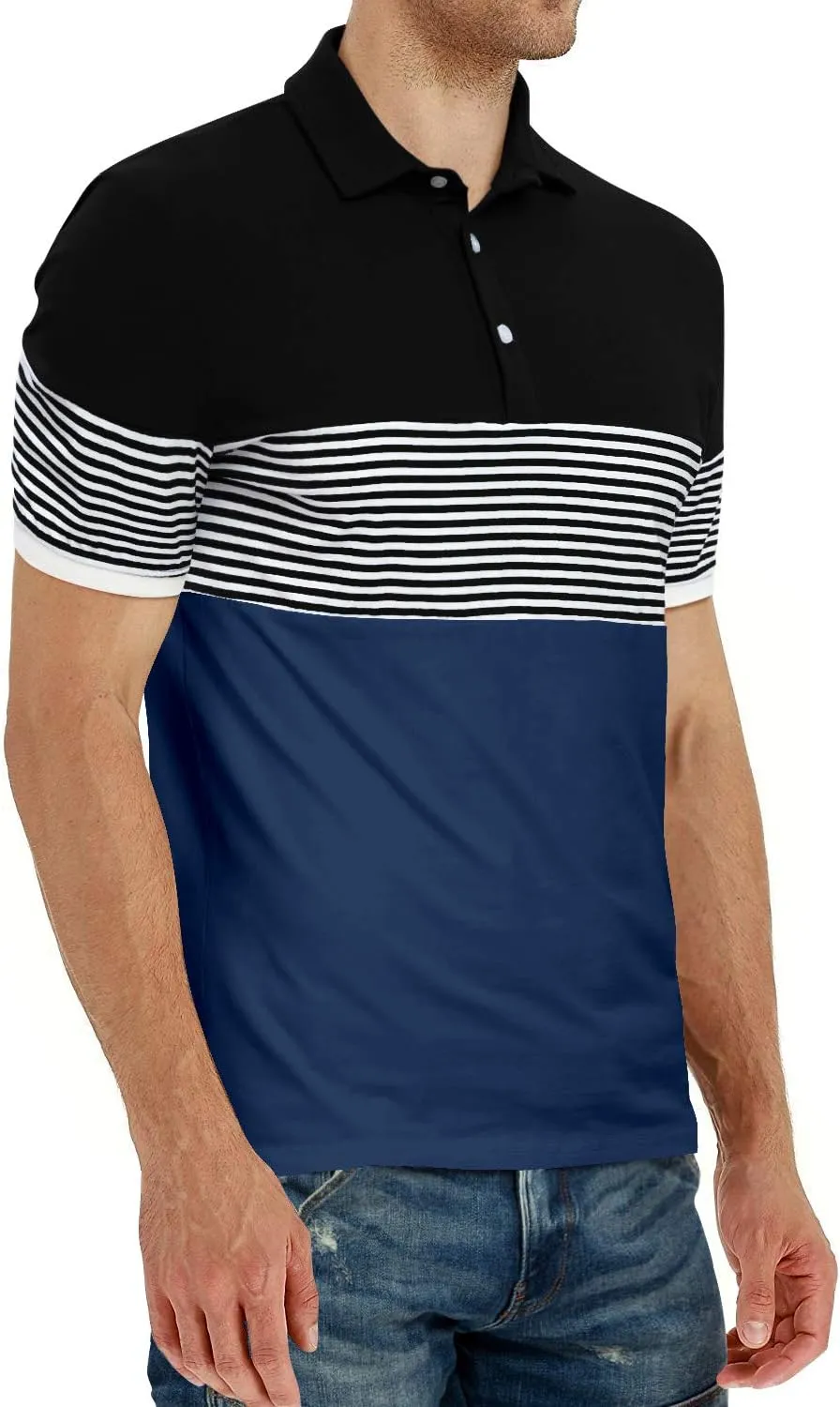 YTD Men's Short Sleeve Polo Shirts Casual Slim Fit Contrast Color Stitching Stripe Cotton Shirts