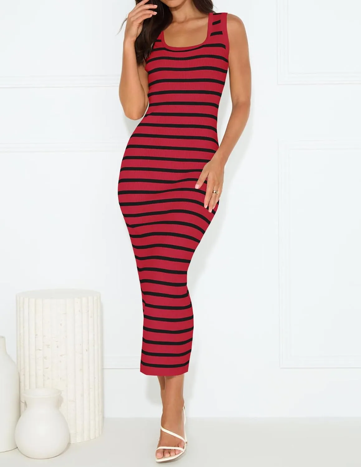 ZESICA Women's Summer Square Neck Bodycon Midi Dresses 2025 Casual Sleeveless Ribbed Knit Striped Beach Vacation Long Dress