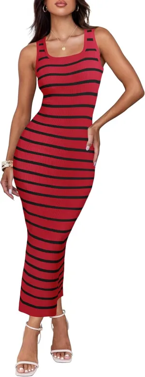 ZESICA Women's Summer Square Neck Bodycon Midi Dresses 2025 Casual Sleeveless Ribbed Knit Striped Beach Vacation Long Dress