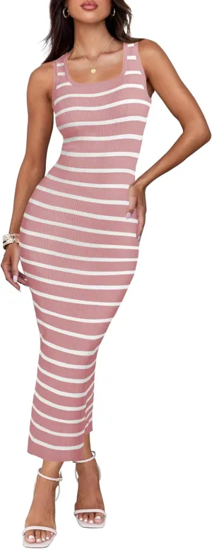 ZESICA Women's Summer Square Neck Bodycon Midi Dresses 2025 Casual Sleeveless Ribbed Knit Striped Beach Vacation Long Dress