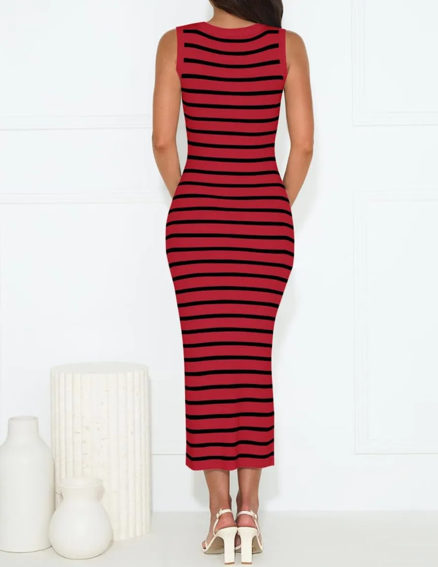 ZESICA Women's Summer Square Neck Bodycon Midi Dresses 2025 Casual Sleeveless Ribbed Knit Striped Beach Vacation Long Dress